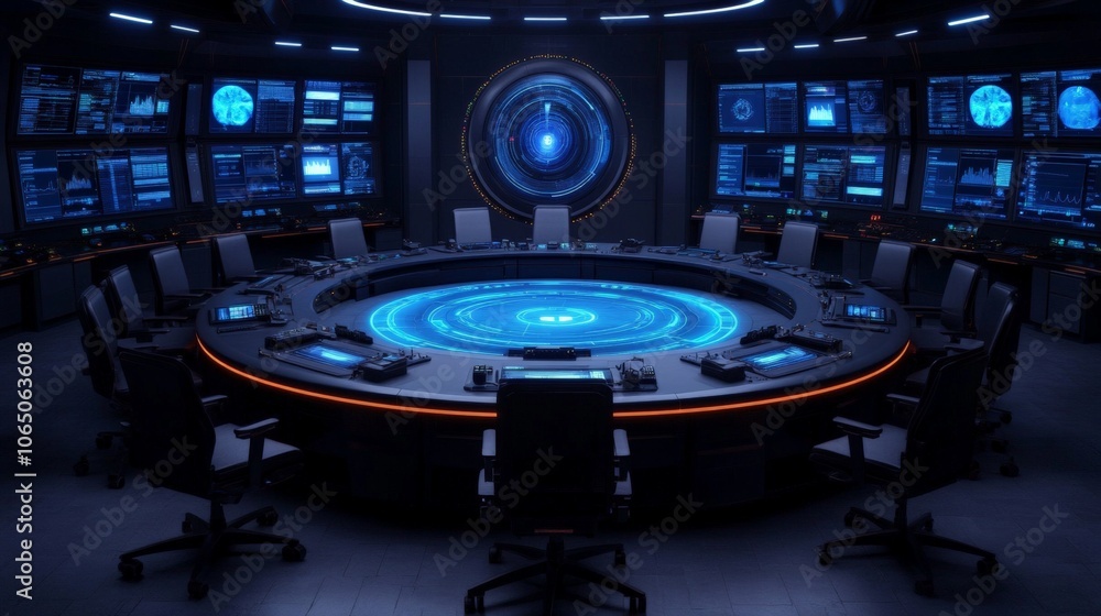 Poster futuristic control room: immersive view of a high-tech circular control room, bathed in cool blue li