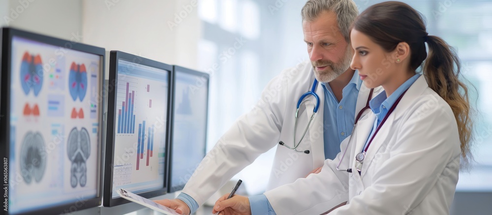 Poster two doctors in white coats and stethoscopes examine medical data and charts on multiple monitors in 