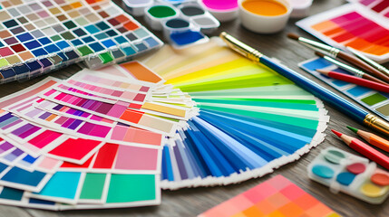 Fototapeta premium A colorful palette of art supplies for painting and drawing.