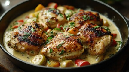 A sumptuous chicken dish served with creamy sauce and vegetables