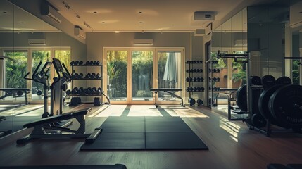 Fototapeta premium Home gym with fully equipment, mirrored walls and motivational in a modern setting