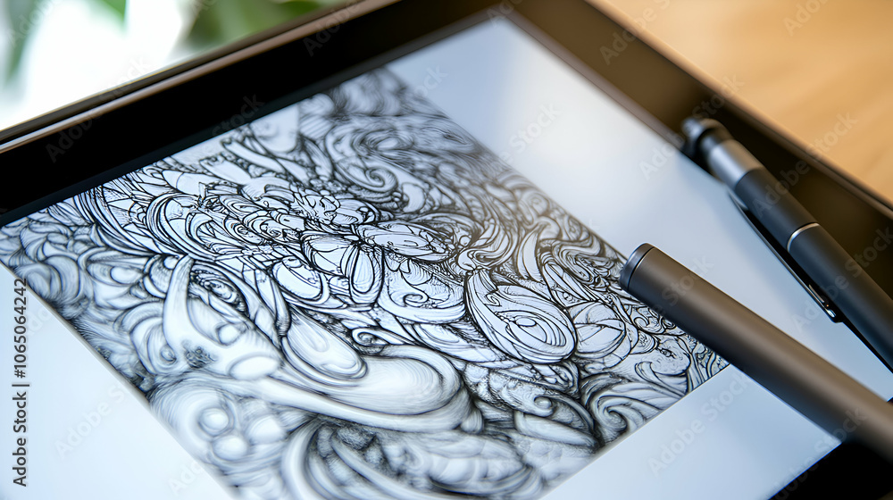 Poster a digital tablet displaying an intricate black and white doodle with a stylus resting on the screen.