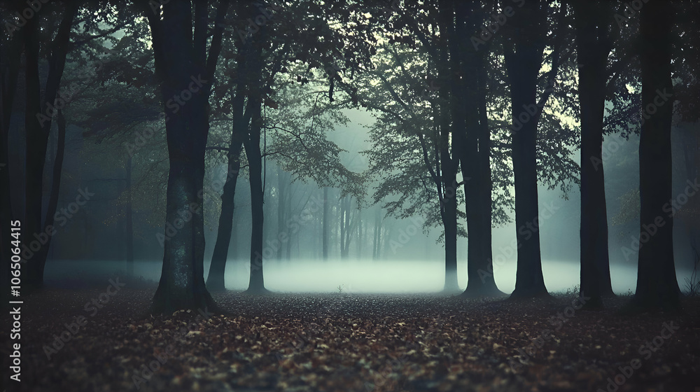 Poster a foggy forest path with tall trees on either side, a few fallen leaves on the ground.