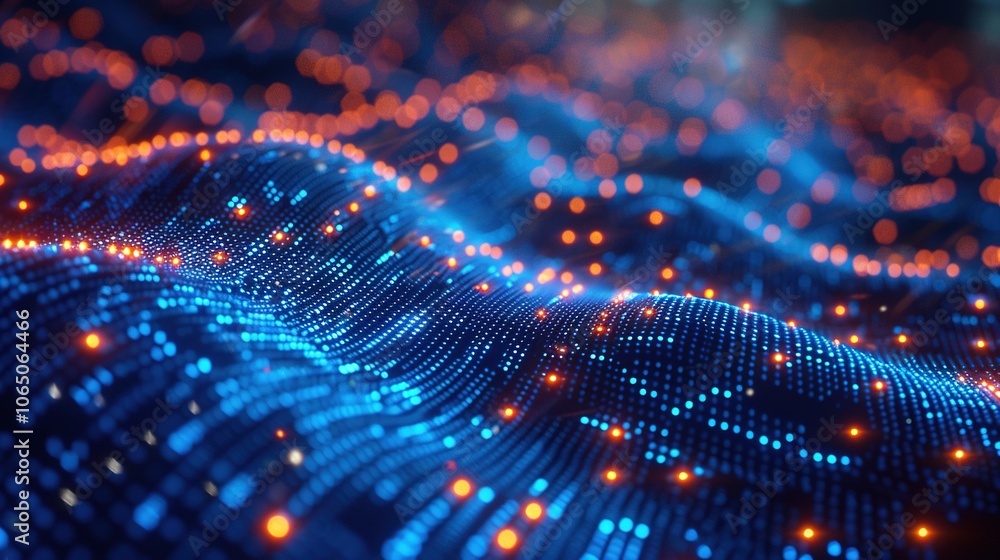 Poster abstract digital landscape with glowing particles resembling waves of data.