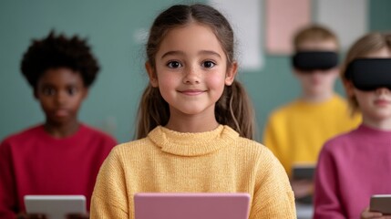 Smiling Student with Tablet: A young girl in a yellow sweater smiles brightly at the camera, holding a tablet in her hands, while her classmates look on.