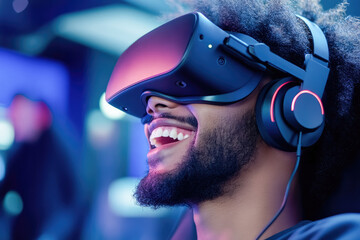A man smiles brightly while wearing a VR headset, symbolizing immersive technology and joyful experiences. 