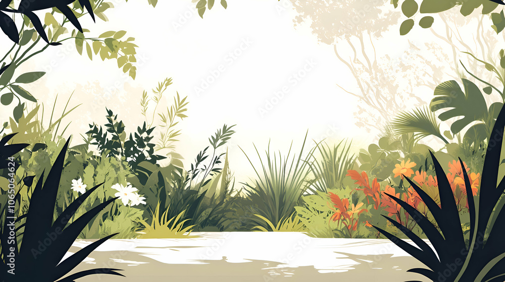Poster a lush green jungle clearing with a white background, perfect for adding your own design elements.