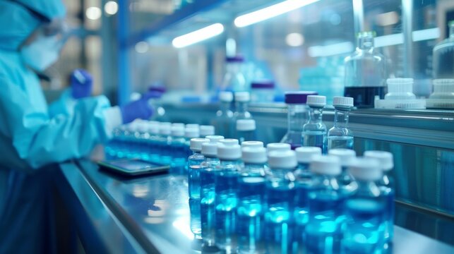 In a modern laboratory setting, a lab technician in protective gear is focused on rows of blue chemical bottles, illustrating scientific research, experiments, and safety protocols