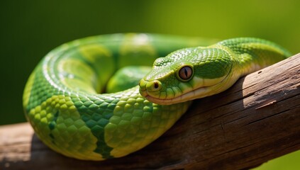 Fototapeta premium A cutebra snake adorned with vibrant gleaming patterns poses playfully on a rustic wood branch