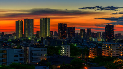 Fototapeta premium A panoramic view of a city skyline at sunset, with skyscrapers silhouetted against a vibrant orange and red sky.