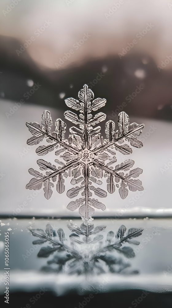 Poster a single snowflake with intricate details, reflected on a surface.
