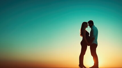 A romantic moment as a couple shares a kiss on the beach during sunset, the sky painted with hues of orange and blue, adding depth to their silhouette.