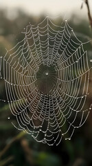 A spider web with dew drops hanging on the threads, against a blurred background.