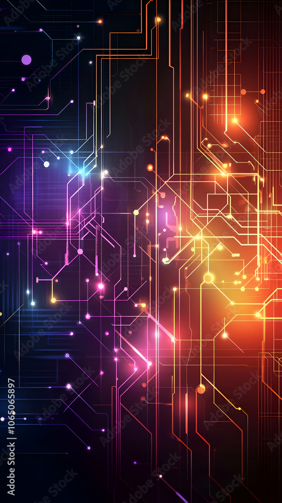 Poster abstract digital circuit board with glowing lines and dots.