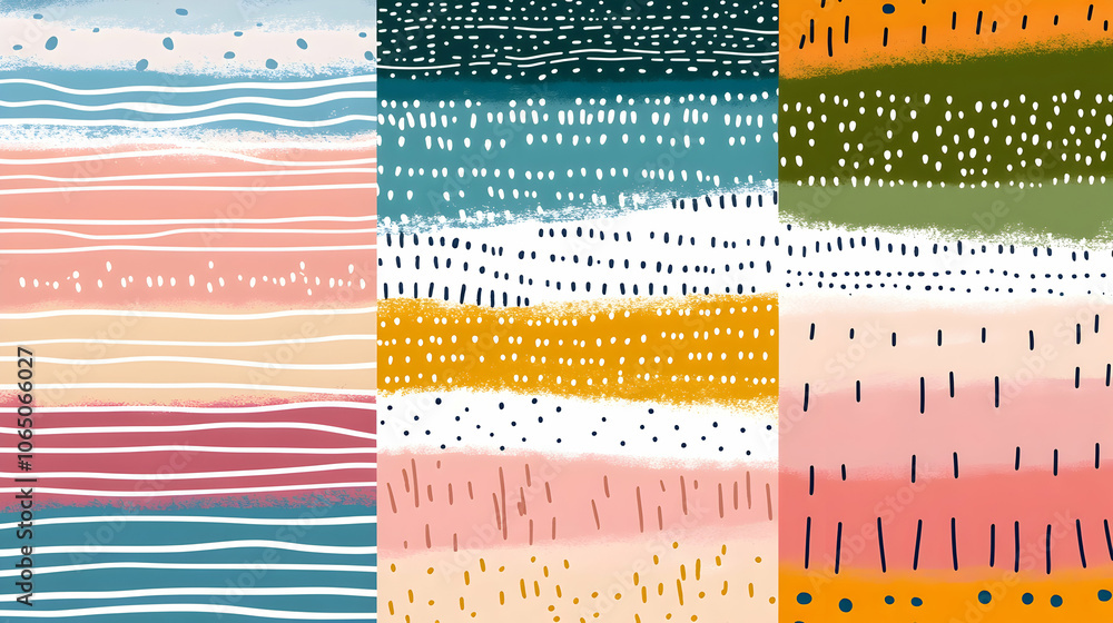 Poster abstract seamless patterns with colorful stripes, dots, and lines.