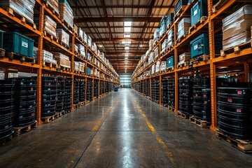 Warehouse Interior with Orange Shelving and Black Cylindrical Containers