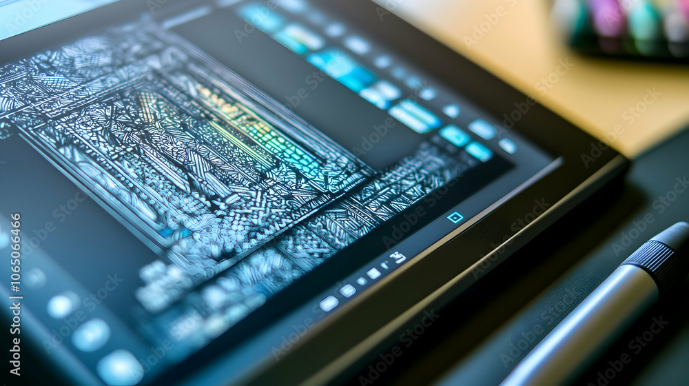 Poster close-up of a digital tablet with a stylus, displaying an intricate design.