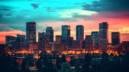 Obraz premium Cityscape with vibrant sunset sky and twinkling lights.