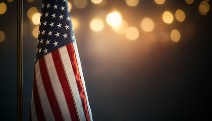 American flag against a blurred background of warm, glowing lights