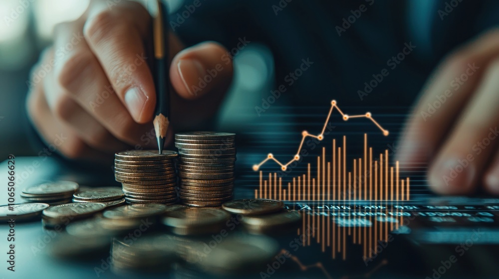 Aufkleber hand pointing at stacked coins with upward trending financial chart in background