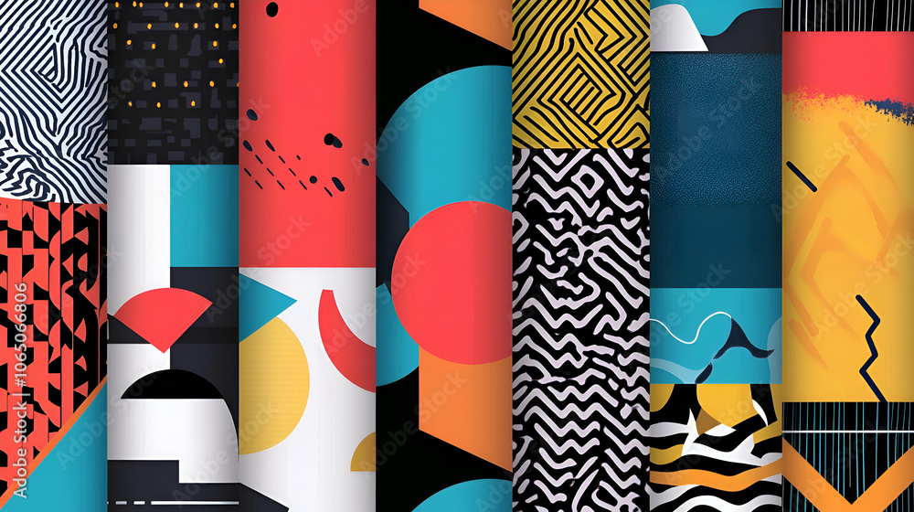 Poster colorful abstract geometric patterns with different shapes, lines, and textures.