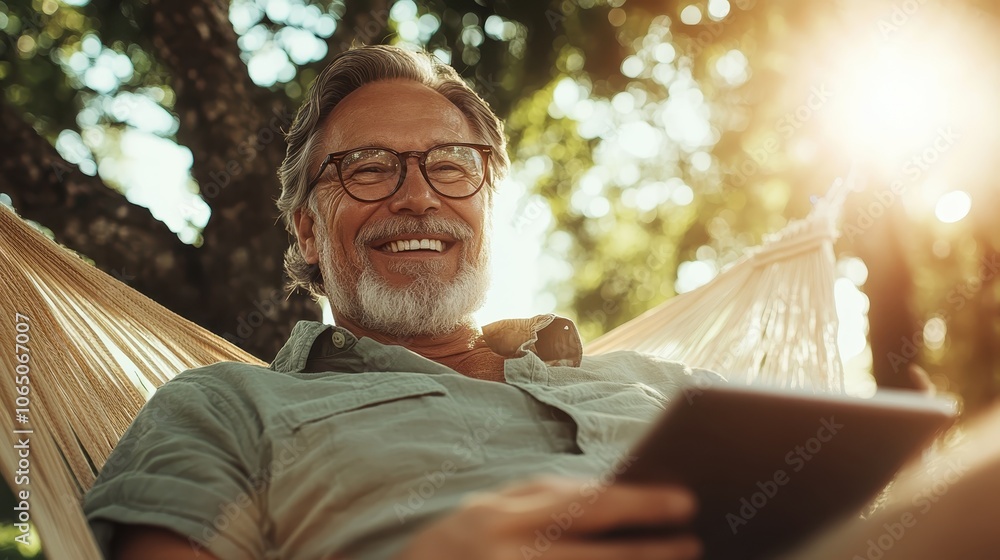 Poster a joyful man with glasses enjoys reading his tablet while lounging in a hammock, enveloped by dapple