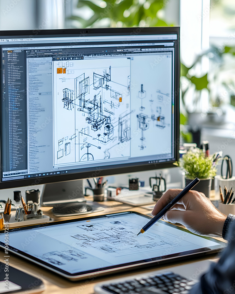 Poster designer working on a blueprint on a tablet with a computer screen displaying a 3d model.