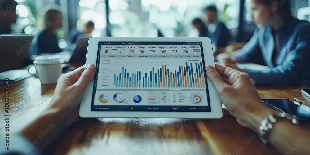 Poster Person Analyzing Data on a Tablet Computer with Bar Graphs and Charts