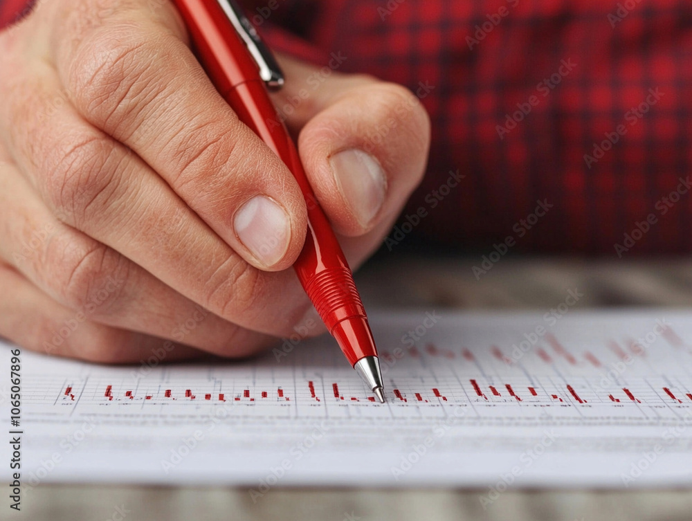 Poster hand holding red pen, analyzing financial data on report with graphs and charts, showcasing attentio