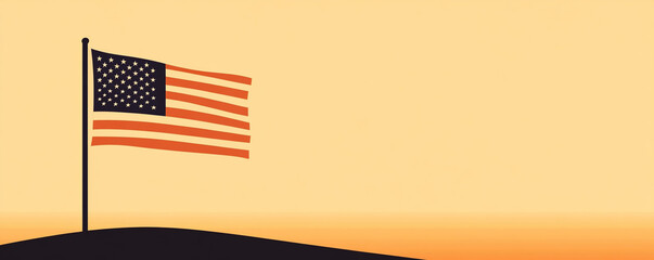 American flag waving atop a hill against a vibrant sunset background.