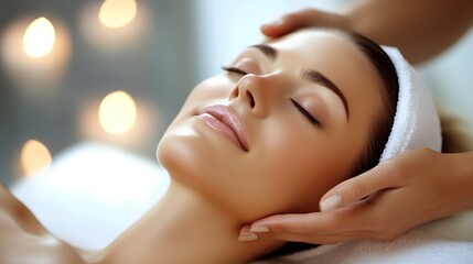 Naklejka premium Serene Spa Experience with Candlelight and Relaxing Facial Massage : Generative AI