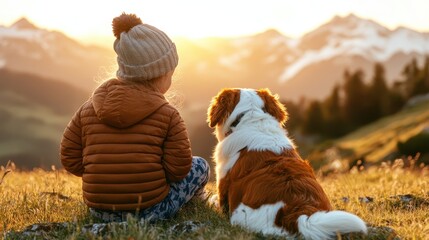 A young child wearing a beanie sits with their dog, facing a vibrant sunrise in the mountains, symbolizing kinship, innocence, and awe of the natural world.