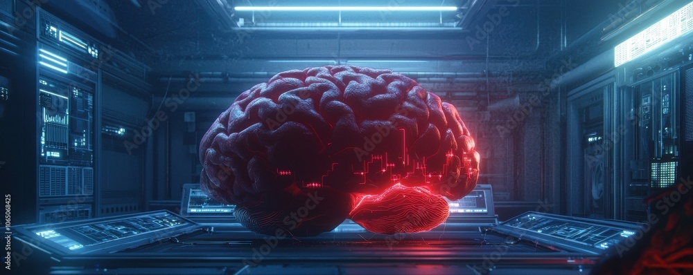 Poster a futuristic, glowing brain is displayed in a high-tech room, surrounded by digital interfaces and b