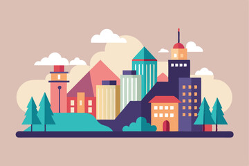 Fototapeta premium Vector illustration in simple minimal geometric flat style - city landscape with buildings, hills and trees, abstract horizontal banner 