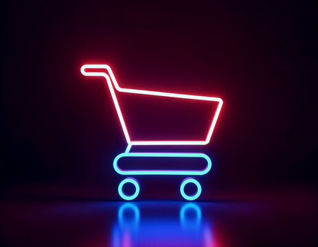 Neon shopping cart on dark background. Cyber Monday and online shopping concept. Image for banner, promotion and sale advertising with copy space.