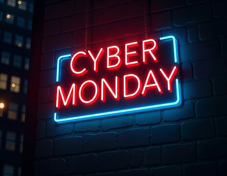 Red neon Cyber Monday text sign on dark wall. Online shopping and sale concept.  Image for banner, promotion and sale advertising with copy space.