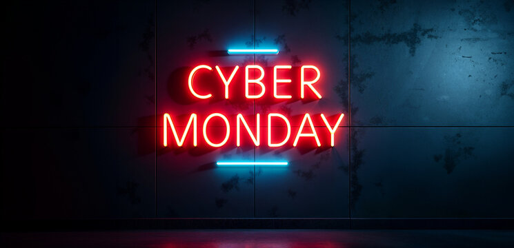 Red neon Cyber Monday text sign on dark wall. Online shopping and sale concept.  Image for banner, promotion and sale advertising with copy space.