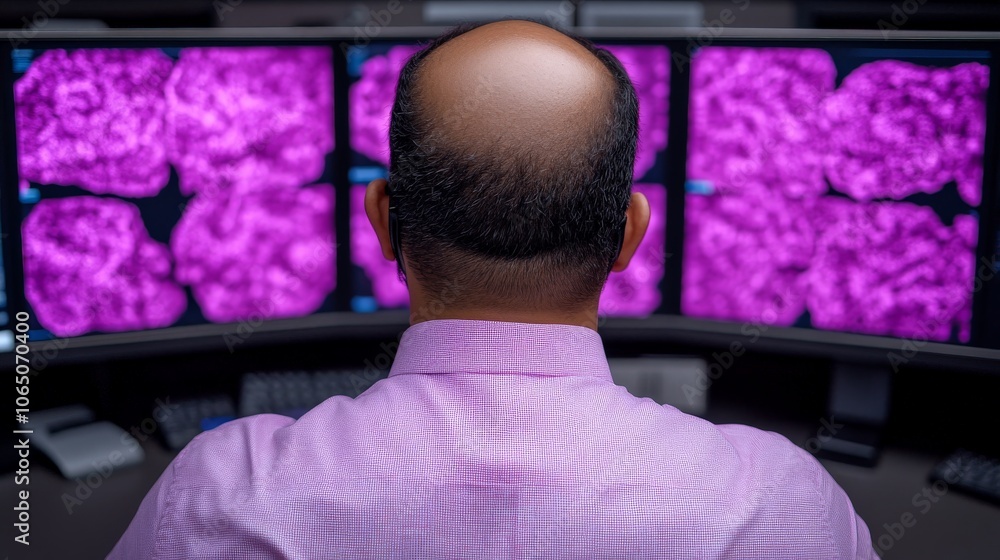 Poster brain scan analysis: a researcher intently studies multiple brain scans displayed on high-resolution