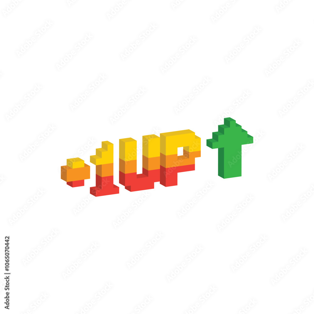 Poster isometric level up button 8 bit text level up Pixel art 8-bit for game you win