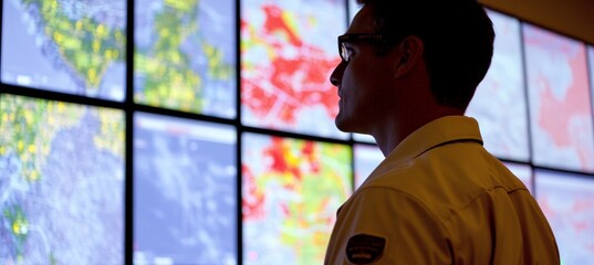 Silhouette Of IT Worker Viewing Multiple Video Screens Showing Software Data Maps While at Work