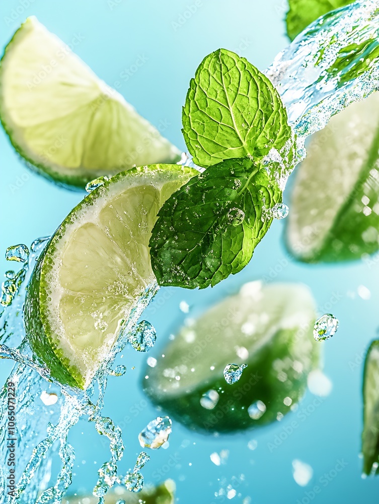 Poster energizing lime and mint infused water splashing with vividness in crystal clear blue : generative a