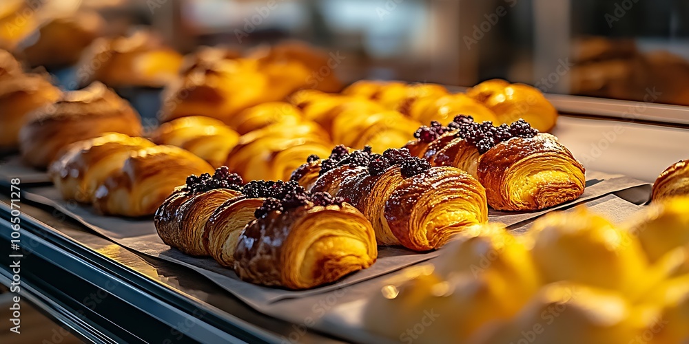 Poster delicious array of flaky croissants with berries in a vibrant bakery setting : generative ai