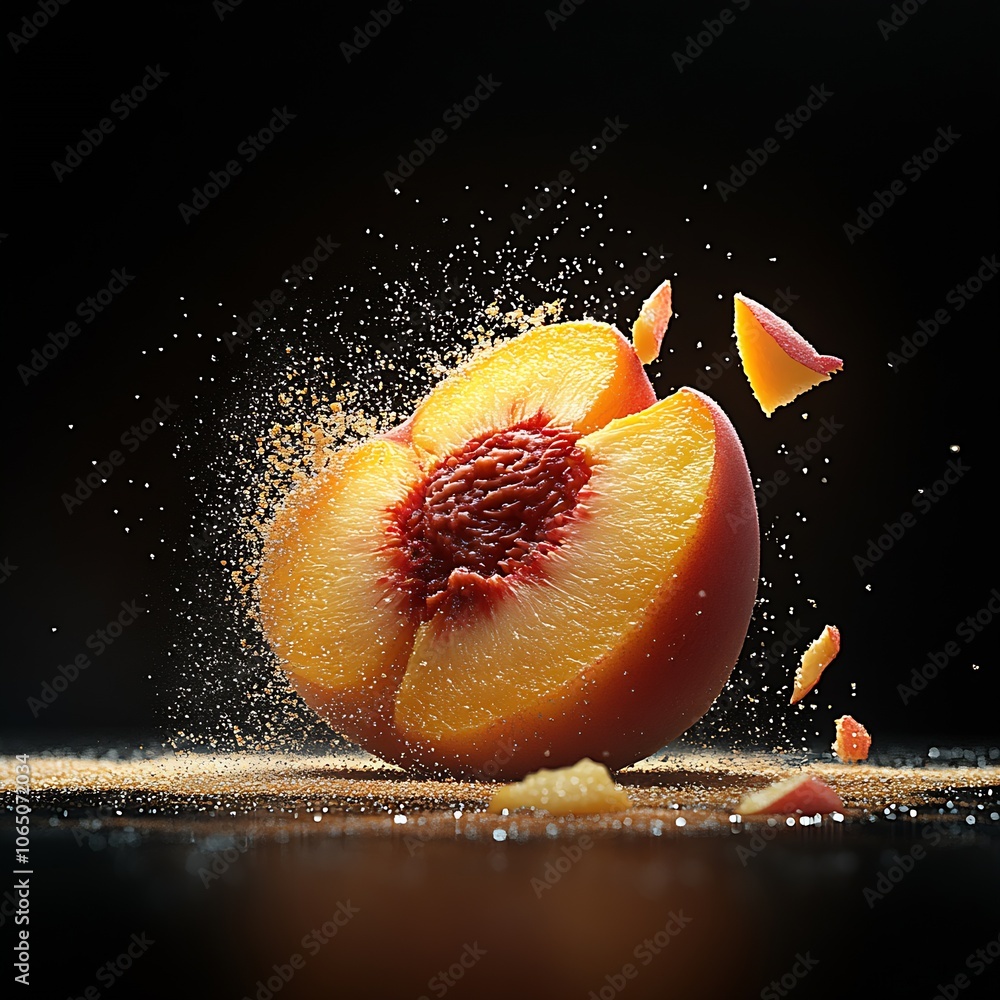 Poster Dynamic Explosion of Ripe Peach Segments Amidst Floating Particles : Generative AI