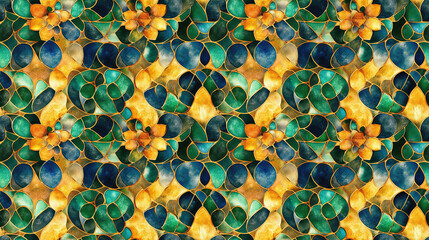 Colorful gold green and blue watercolor kaleidoscopic seamless pattern for textile and interior design abstract geometric style