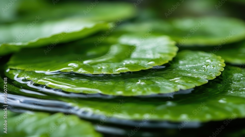 Aufkleber this image features a serene setup of layered green leaves floating gently on a smooth water surface