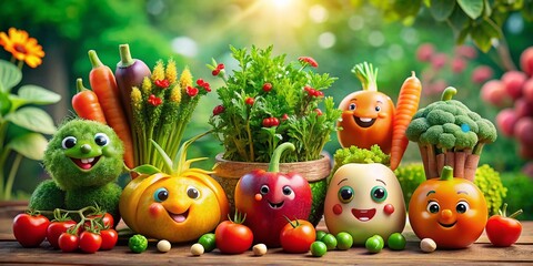 Fototapeta premium Adorable Cartoon Vegetable Characters in a Whimsical Garden Setting – Happy Faces, Colorful Designs, and Playful Expressions for Fun Food Photography