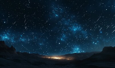 A close view of a meteor shower with shooting stars illuminating the desert sky, where the landscape is barely visible