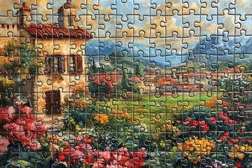 Naklejka premium A Partially Completed Jigsaw Puzzle Depicting a Garden with a House and Mountains in the Distance