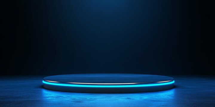 Illuminated podium on dark background. Technology and cyber sale concept. Product display for banner, poster and background with copy space.