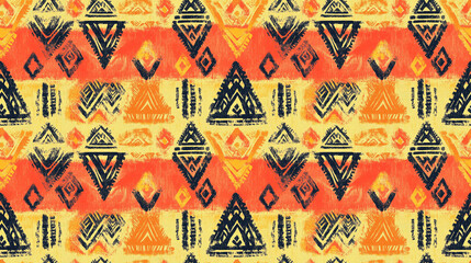 Fototapeta premium Colorful seamless ethnic art pattern featuring orange and yellow tribal designs ideal for summer themed textiles and backgrounds